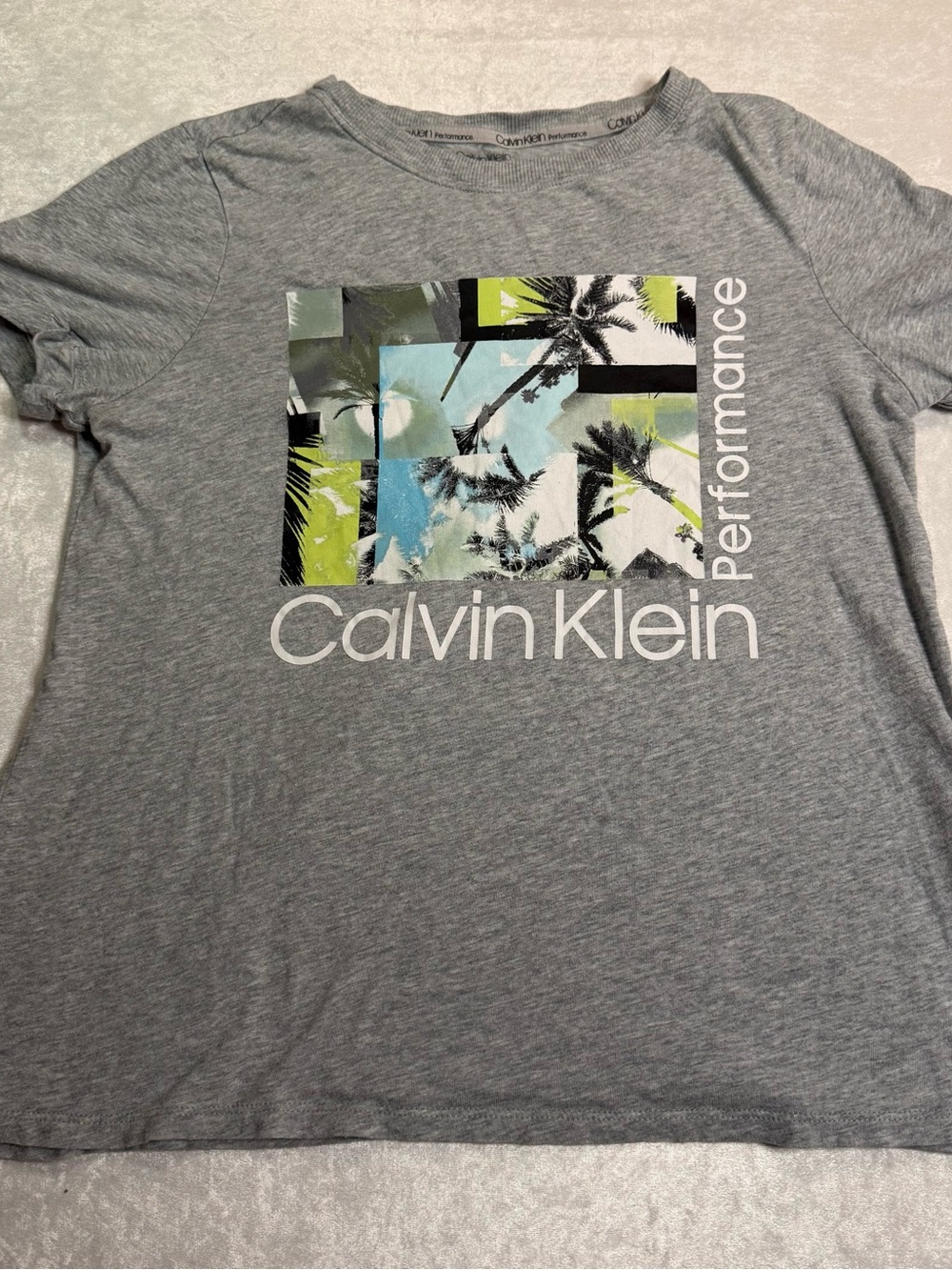 Calvin Klein Gray Performance Graphic T-Shirt Featuring a Palm Tree Print